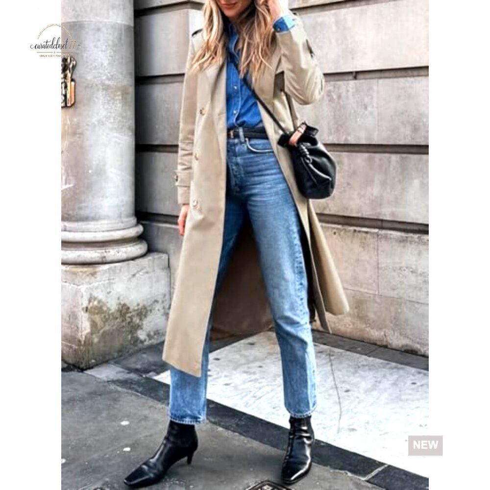 Long Trench Coat Double Breasted Classic Lapel Overcoat with Belt - Picture 5 of 7